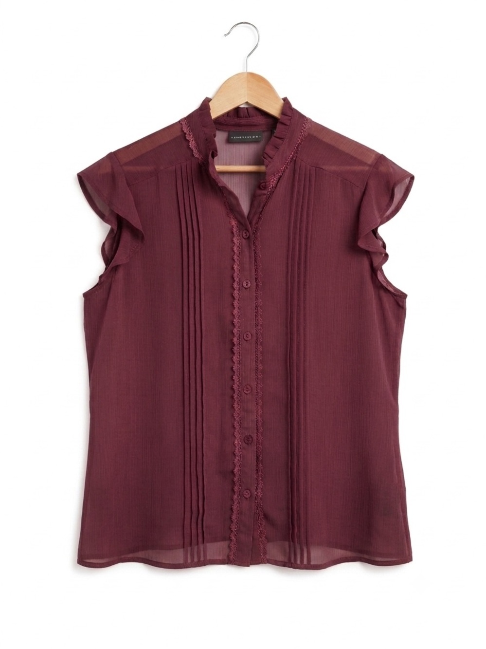 ⁠Apostrophe Dusty Plum Sheer Ruffle Blouse Large L⁠ Whimsical Feminine Preppy